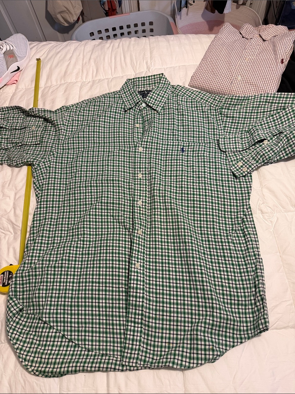 Men's Green Check Button-Down Shirt shows Med sz fits Large size.